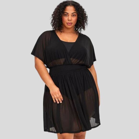 TORRID Plus Size Black mesh retro chic smocked swimsuit cover-up dress 4X - Picture 7 of 16